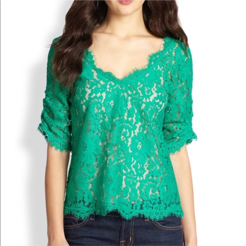 Joie Women Nevina Sheer Lace Blouse Top Eyelash Fringe Ruched Sleeve Small Green